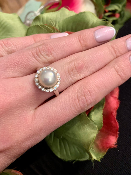Silver pearl and flower cubic zirconia Ring